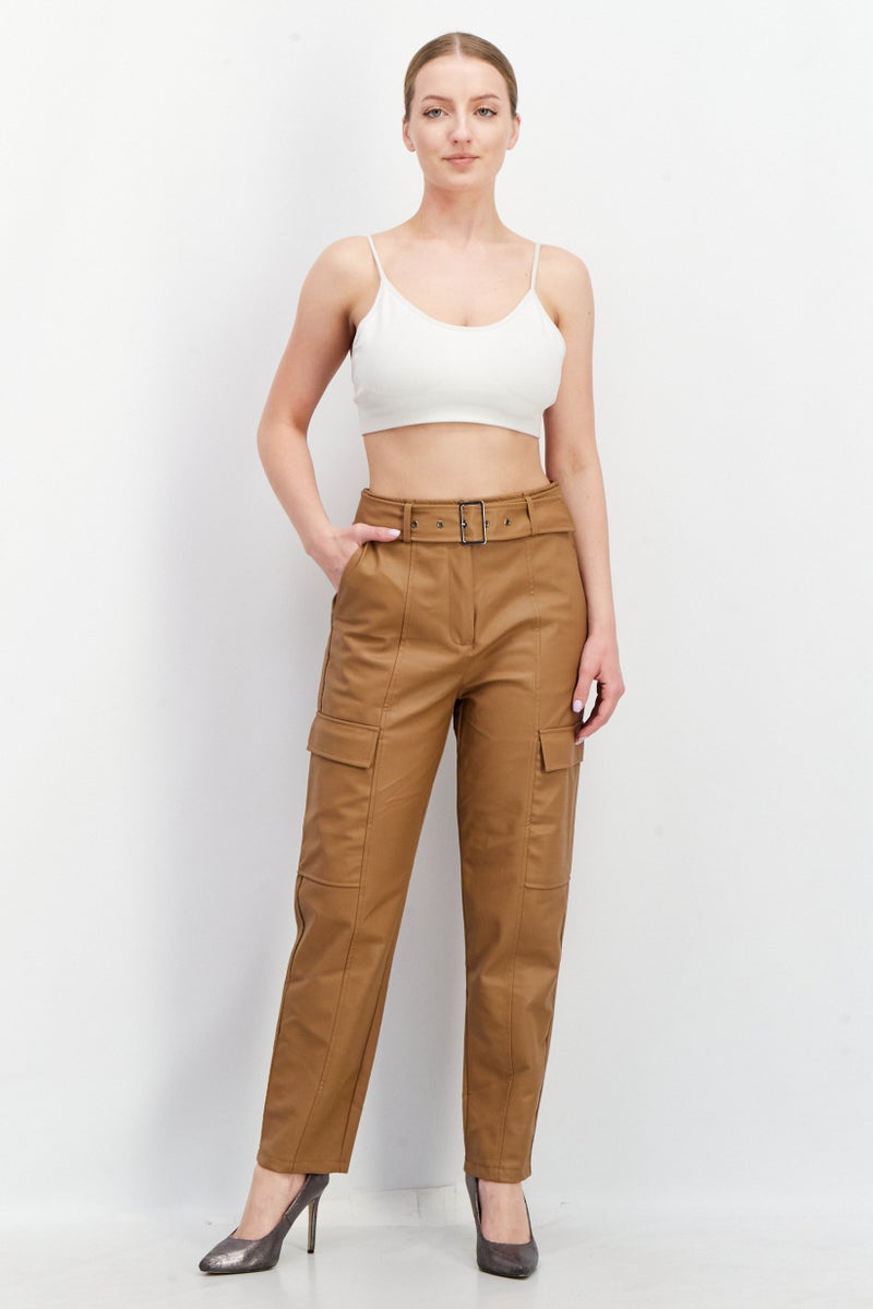 ESPRIT Women Regular Leg Belted Cargo Pocket Pants, Brown - Image 2
