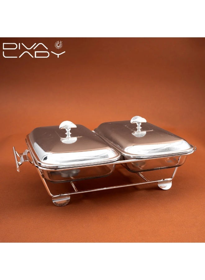 DIVA LADY 🔥 Premium Dual Food Warmer — Brushed Stainless Steel & Luxury Square Glass with Double Candle Holders | Diva Lady ✨ - Image 1