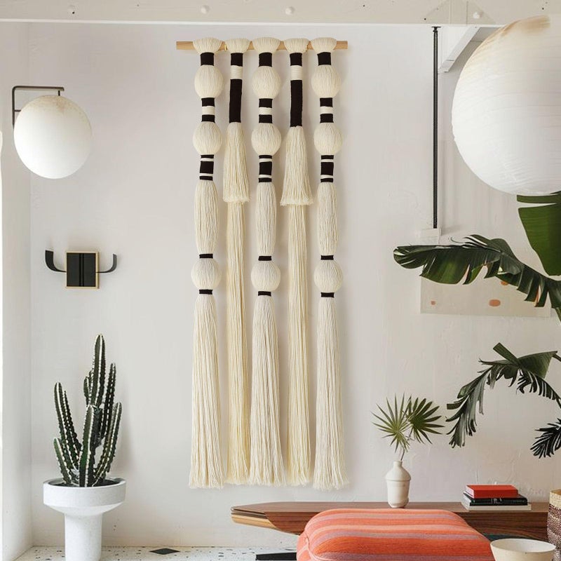 Flber Macrame Wall Hanging Tassels Sphericity Cotton Textile Hanging Geometric Yarn Wall Art for Bedroom Living Room Decor 15.7" W x 39" L - Image 3