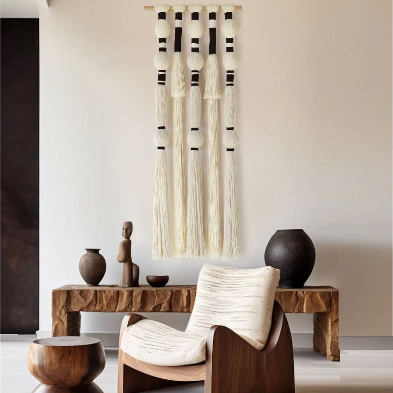 Flber Macrame Wall Hanging Tassels Sphericity Cotton Textile Hanging Geometric Yarn Wall Art for Bedroom Living Room Decor 15.7" W x 39" L - Image 4