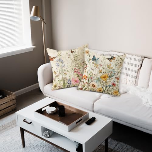 TAJWE Spring Floral Pillow Covers 18x18 Inch Set of 2 Wild Flowers Plant Butterfly Decorative Pillowcases Farmhouse Summer Seasonal Cushion Cases for Sofa Couch Home Decor - Image 4
