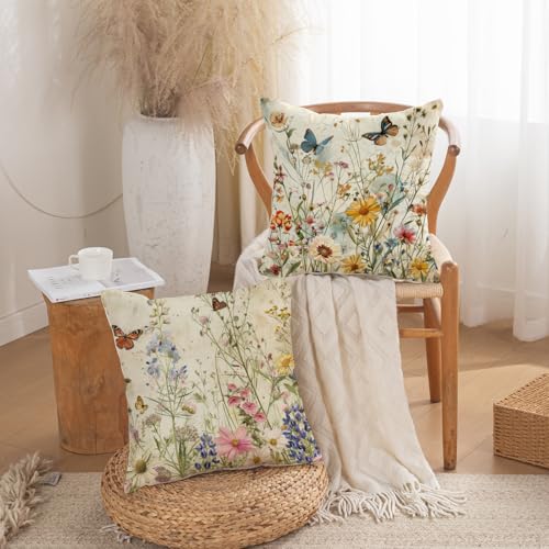 TAJWE Spring Floral Pillow Covers 18x18 Inch Set of 2 Wild Flowers Plant Butterfly Decorative Pillowcases Farmhouse Summer Seasonal Cushion Cases for Sofa Couch Home Decor - Image 3