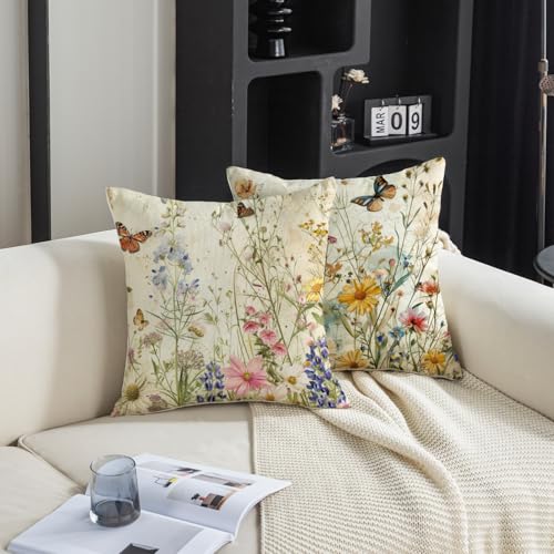 TAJWE Spring Floral Pillow Covers 18x18 Inch Set of 2 Wild Flowers Plant Butterfly Decorative Pillowcases Farmhouse Summer Seasonal Cushion Cases for Sofa Couch Home Decor - Image 5