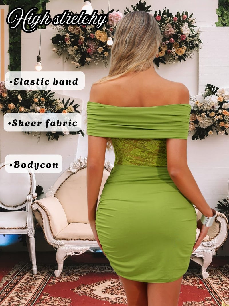 ShawGobow Sexy Off The Shoulder Dress,Ruched Draped Mini Lace Dresses for Women,Date Night Club Party Going Out Outfit Green Large - Image 5