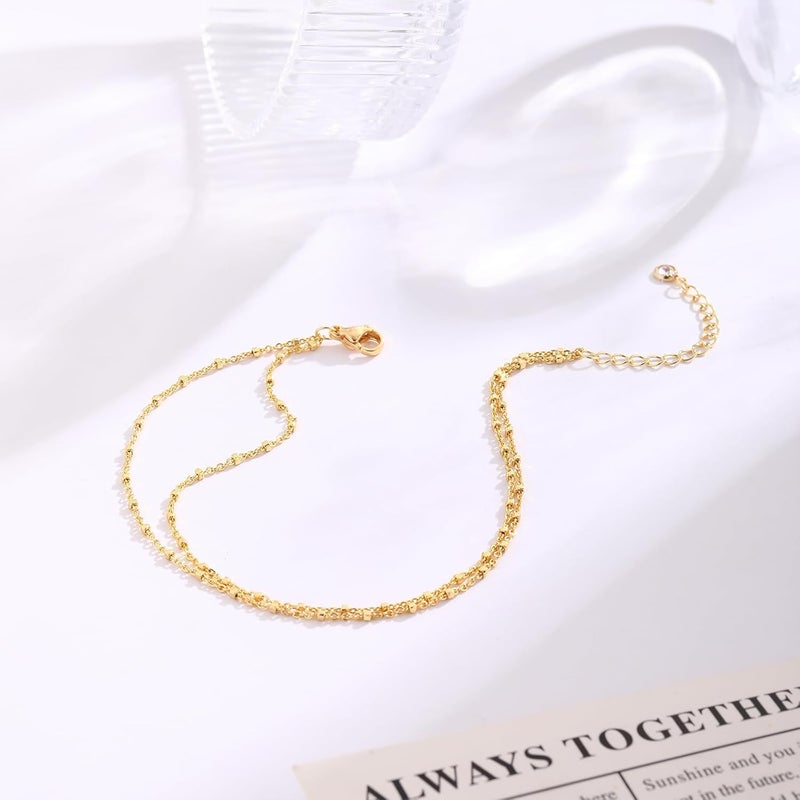 MIDEEO 14K Gold Plated Layered Anklet Set for Women with Heart Beads and Rhinestones - Image 5