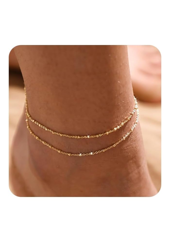 MIDEEO 14K Gold Plated Layered Anklet Set for Women with Heart Beads and Rhinestones - Image 1