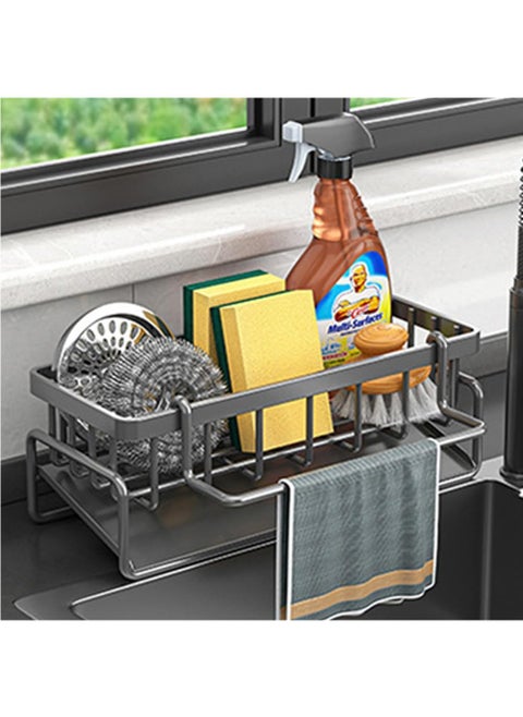 Kitchen Sink Drain Rack Organizer with Removable Towel Rack, 2024 New Soap Sponge Holder Organizer, Sink Caddy with Tilting Drain Pan, Carbon Steel Sink Organizer Rack for Kitchen Bathroom (Grey)