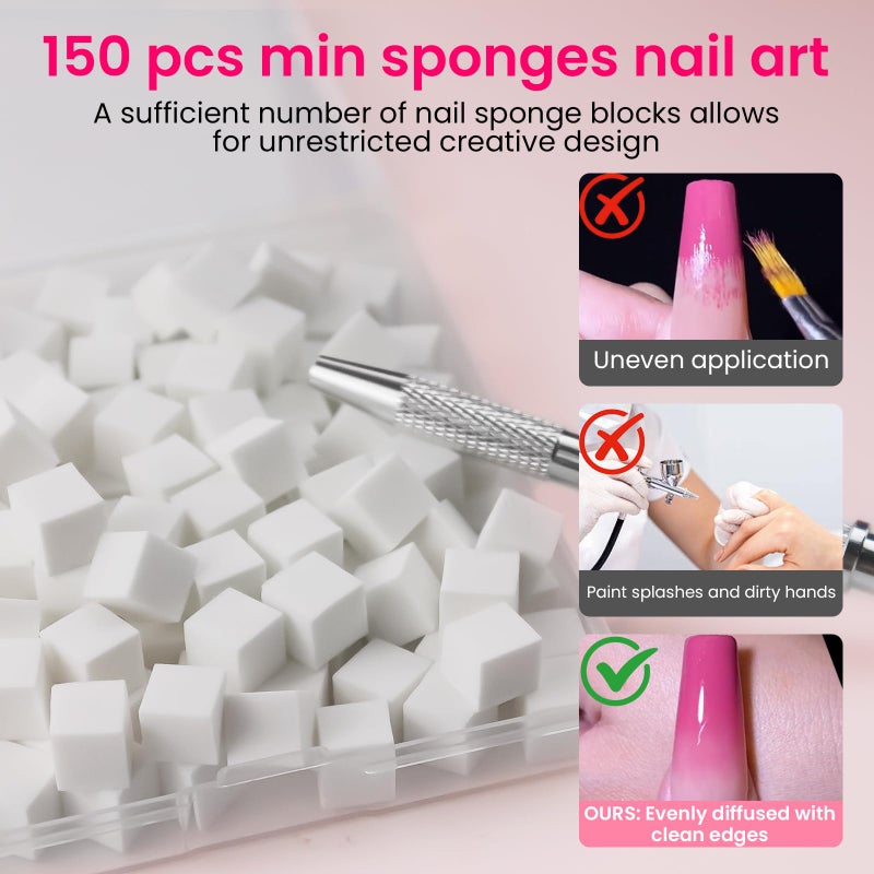 ESUOHYM 150 PCS Soft Nail Sponges For Ombre and Aura with Grabbing Pen Nail Art Brushes for Blending Ombre Gel Nail Tech Design Manicure Tools Accessories Supplies for Salon and Home White - Image 3