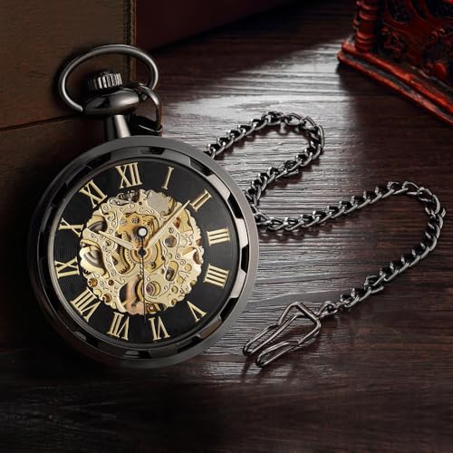 VIGOROSO Mens Vintage Pocket Watch with Chain Skeleton Hand Wind Mechanical Pocket Watches for Men Womens Pocketwatch - Image 3