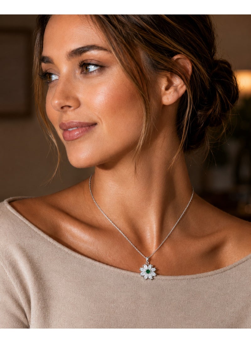 RAFAL Women's Silver-Tone Crystal Flower Pendant Necklace with Green Center - Image 5