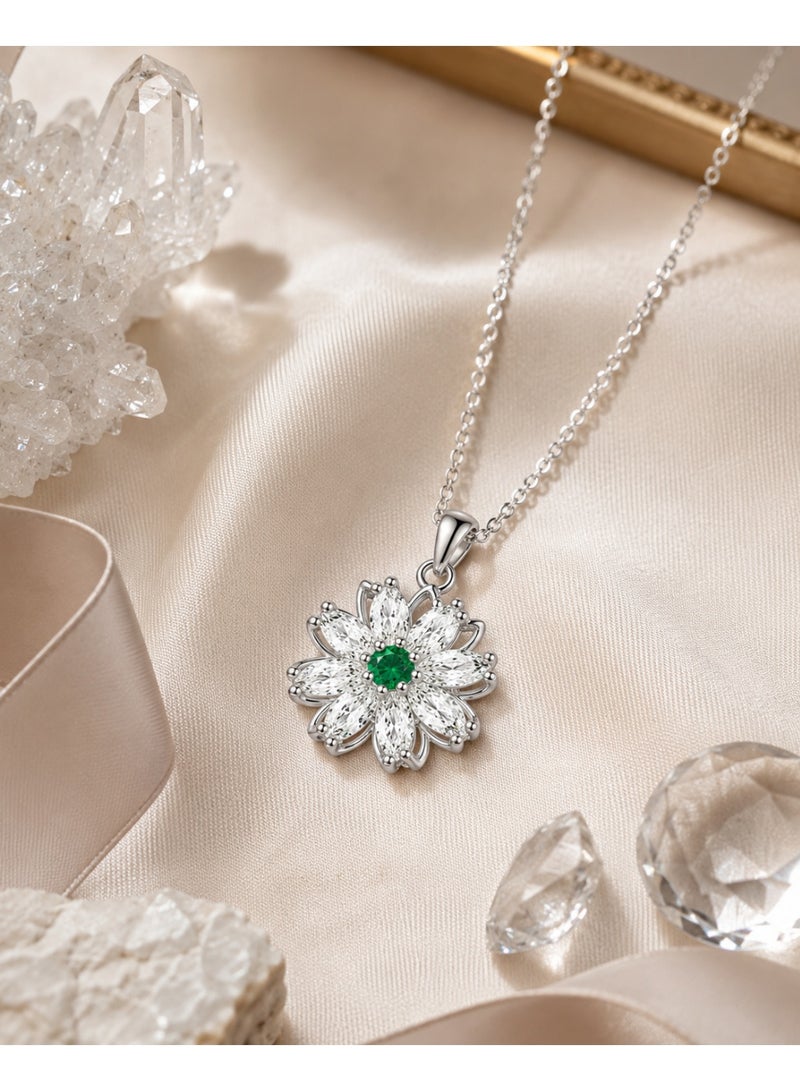 RAFAL Women's Silver-Tone Crystal Flower Pendant Necklace with Green Center - Image 3