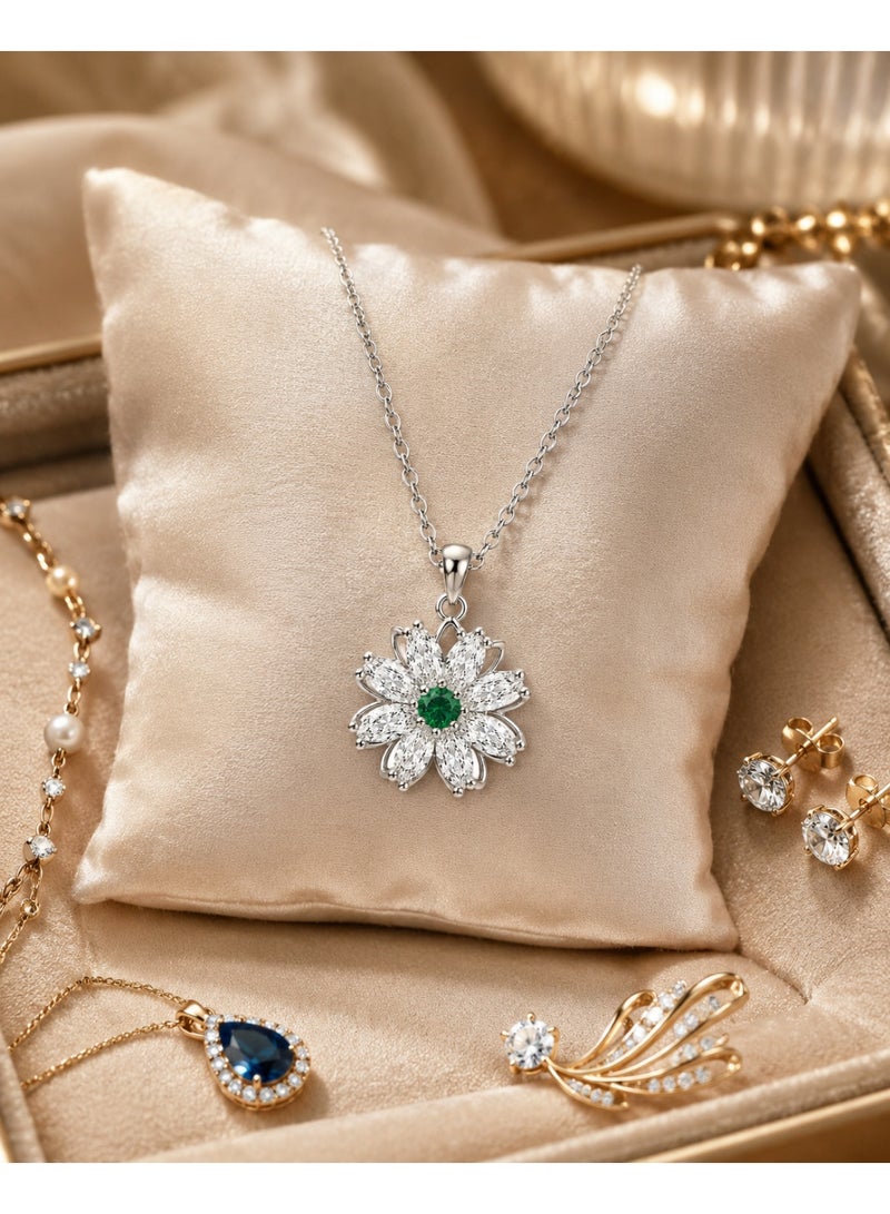 RAFAL Women's Silver-Tone Crystal Flower Pendant Necklace with Green Center - Image 4