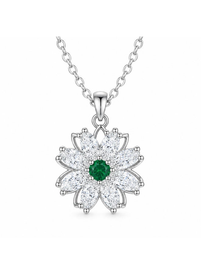 RAFAL Women's Silver-Tone Crystal Flower Pendant Necklace with Green Center - Image 1