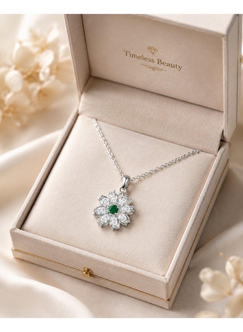 RAFAL Women's Silver-Tone Crystal Flower Pendant Necklace with Green Center - Image 2
