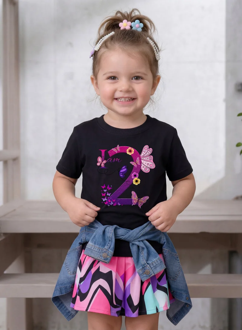 Funkaar Funkaar Birthday Girl, 2nd Year Butterfly Birthday Graphic Print T-Shirt