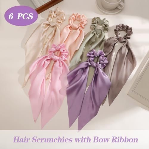 Glaudmeiss 6 PCS Bow Silk Scrunchies, Hair Ties with Bow, Hair Scrunchies for Women Girls, Knotted Bow Silk Hair Ties, Satin Hair Ribbon Scrunchy Elastic Hair Tie Accessories Christmas Gifts - Image 5