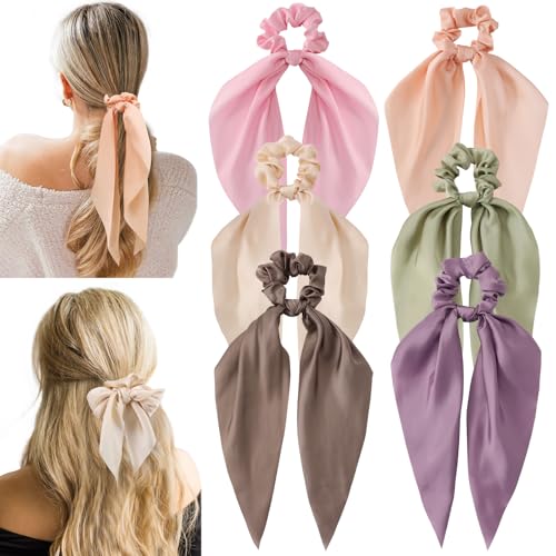 Glaudmeiss 6 PCS Bow Silk Scrunchies, Hair Ties with Bow, Hair Scrunchies for Women Girls, Knotted Bow Silk Hair Ties, Satin Hair Ribbon Scrunchy Elastic Hair Tie Accessories Christmas Gifts - Image 1