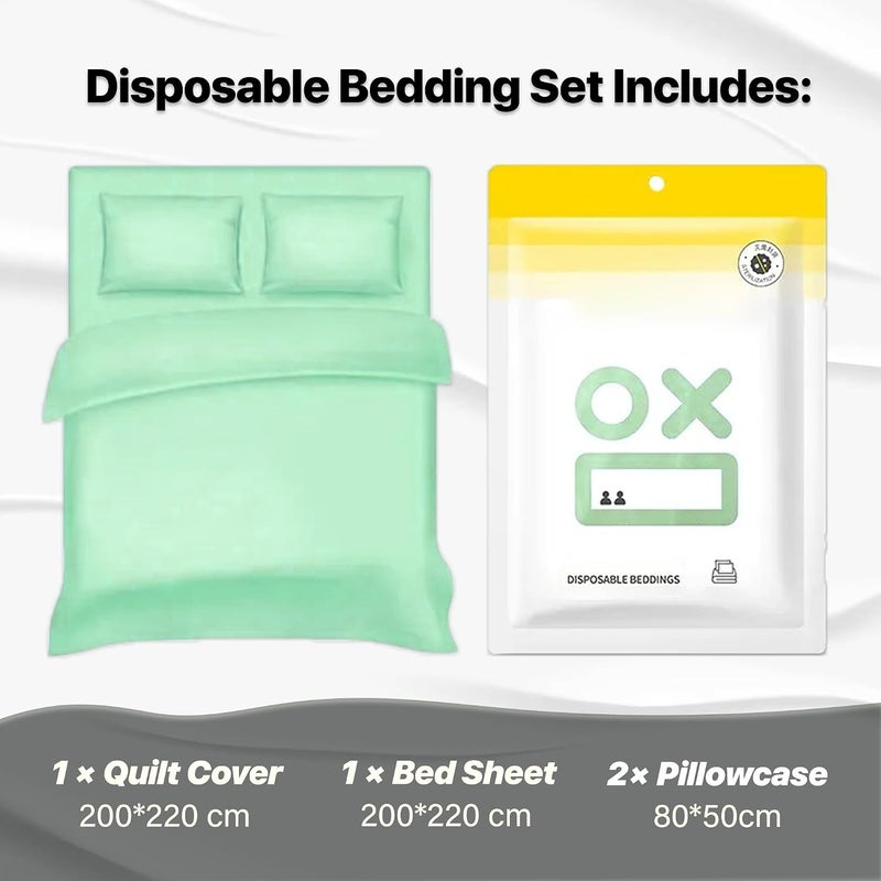 Disposable Bedding Set – 4-Piece Pack (1 Bed Sheet, 1 Quilt Cover, 2 Pillowcases), 200×220 cm, Green Color, Hygienic & Portable – Ideal for Salon, Spa, Clinic, Travel & Guest Use - Image 3