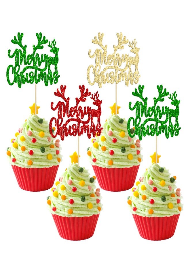 Ephlyn 24Pcs Merry Christmas Cupcake Toppers With Glitter Deer - Picks Decorations for Xmas, New Year, Holiday Party Supplies - Mixed Colors - Image 1