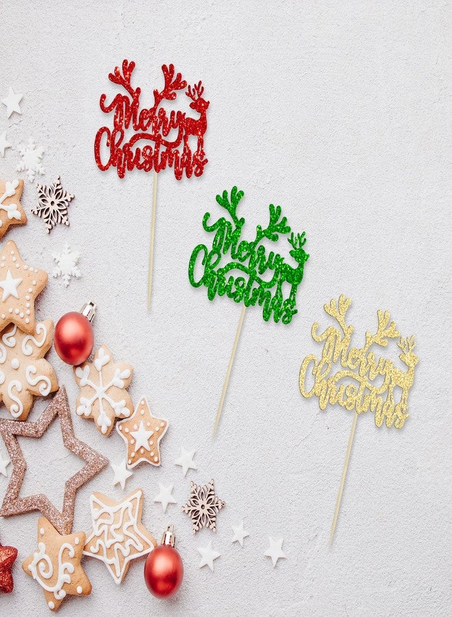 Ephlyn 24Pcs Merry Christmas Cupcake Toppers With Glitter Deer - Picks Decorations for Xmas, New Year, Holiday Party Supplies - Mixed Colors - Image 3