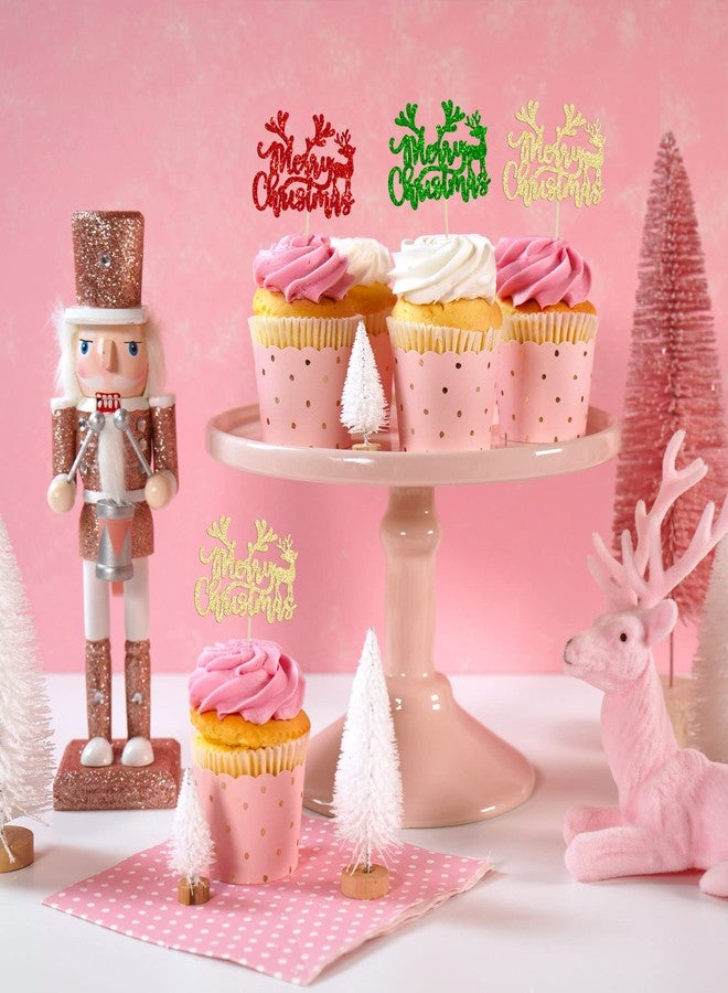 Ephlyn 24Pcs Merry Christmas Cupcake Toppers With Glitter Deer - Picks Decorations for Xmas, New Year, Holiday Party Supplies - Mixed Colors - Image 4