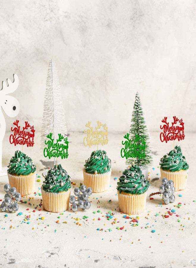 Ephlyn 24Pcs Merry Christmas Cupcake Toppers With Glitter Deer - Picks Decorations for Xmas, New Year, Holiday Party Supplies - Mixed Colors - Image 5