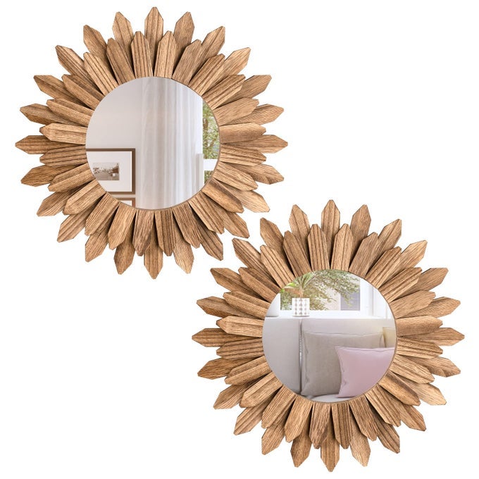BOHO WALL DECOR MIRROR 2 PACK RUSTIC WOOD MIRROR 12 INCH BOHO MIRROR HOME DECOR FARMHOUSE ROOM DECORATIONS FOR BEDROOM LIVING ROOM CARBONIZED BLACK