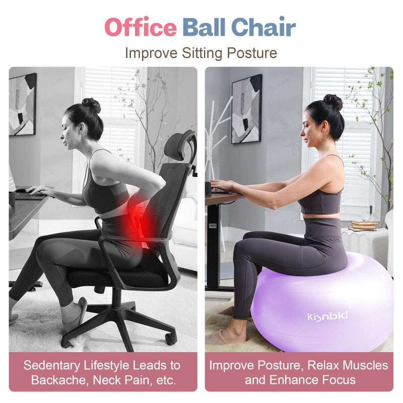 kisnbld Exercise Ball, Extra Thick Yoga Ball for Workout Pregnancy Stability, 4 Sizes Anti-Burst Balance Ball with Foot Pump - Heavy Duty Fitness Ball Chair for Office, Home & Gym - Image 3
