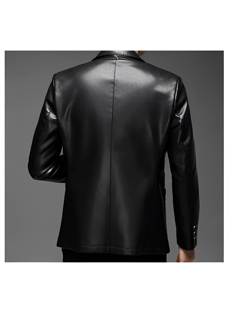 REOCLE Men's Leather Blazer Classic 2-Button Leather Blazer Casual Coat Long Sleeves Suit Style Leather Jacket  - Image 4
