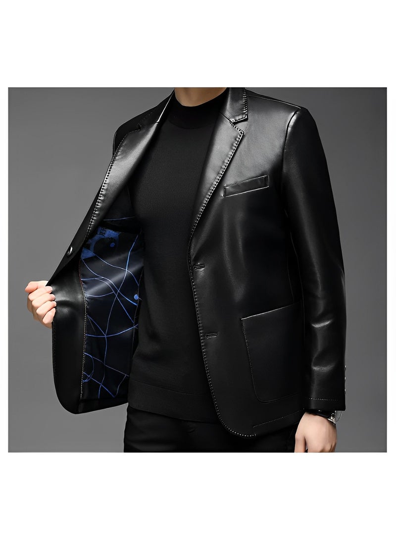 REOCLE Men's Leather Blazer Classic 2-Button Leather Blazer Casual Coat Long Sleeves Suit Style Leather Jacket  - Image 3