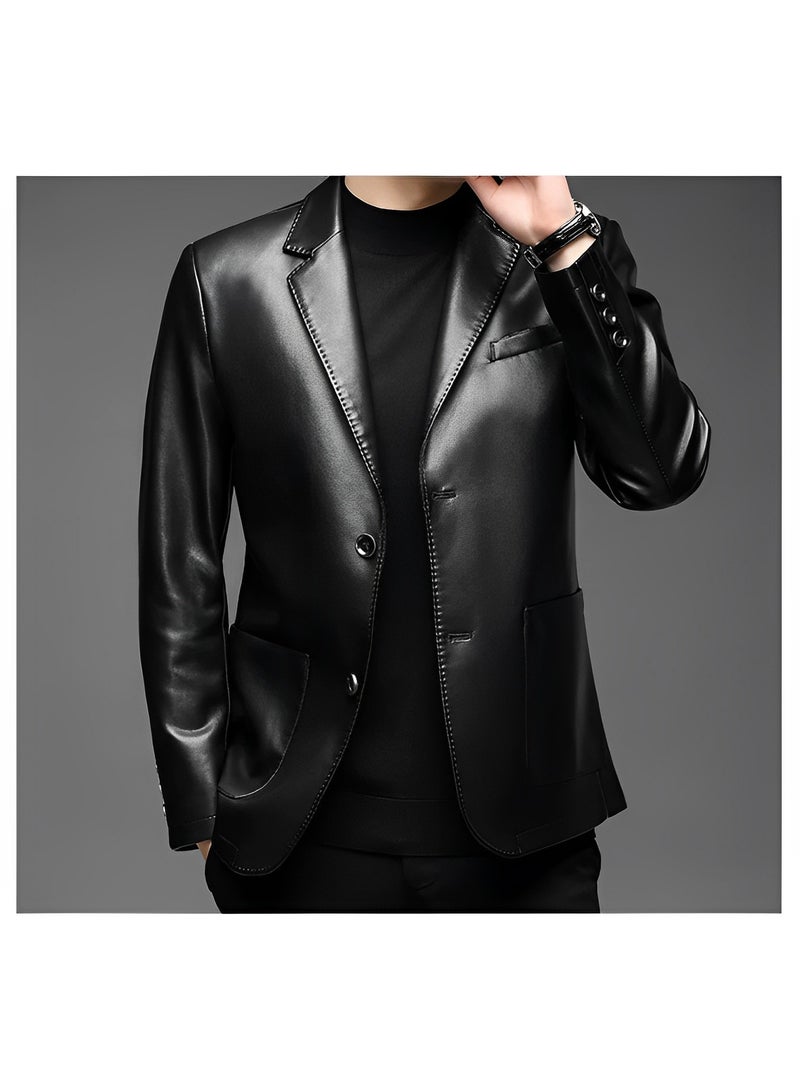REOCLE Men's Leather Blazer Classic 2-Button Leather Blazer Casual Coat Long Sleeves Suit Style Leather Jacket  - Image 2