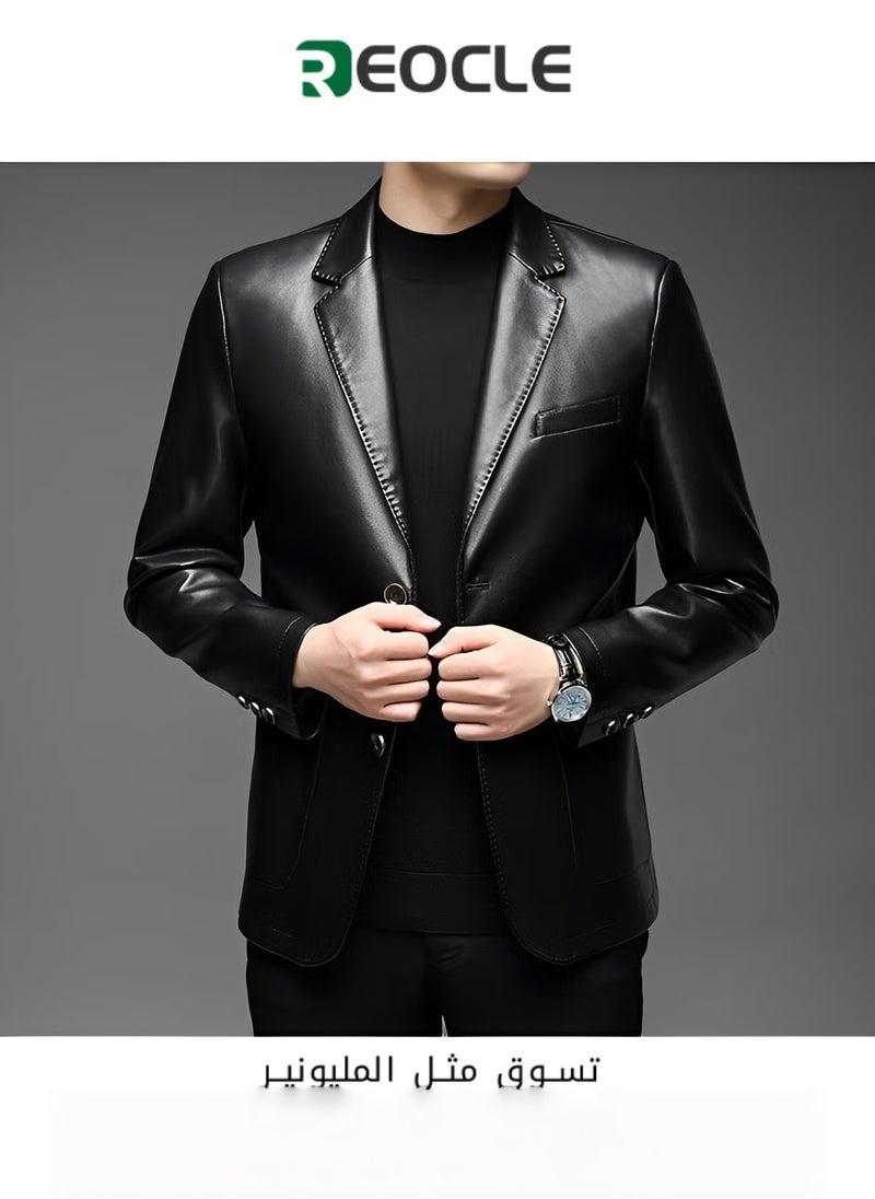 REOCLE Men's Leather Blazer Classic 2-Button Leather Blazer Casual Coat Long Sleeves Suit Style Leather Jacket  - Image 1