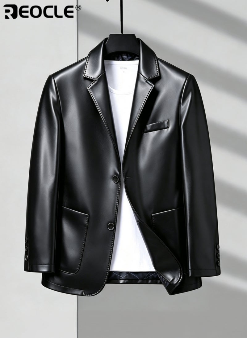 REOCLE Men's Leather Blazer Classic 2-Button Leather Blazer Casual Coat Long Sleeves Suit Style Leather Jacket - Image 2