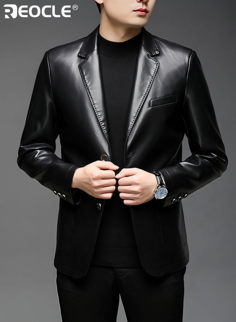 REOCLE Men's Leather Blazer Classic 2-Button Leather Blazer Casual Coat Long Sleeves Suit Style Leather Jacket - Image 1