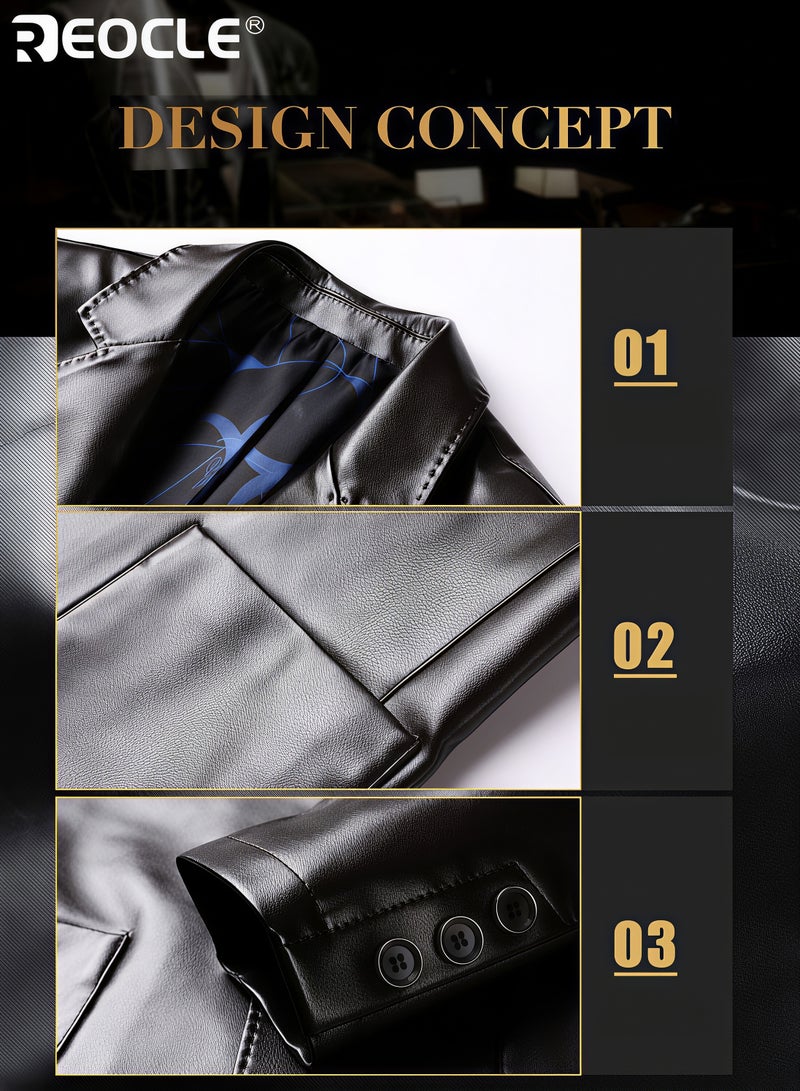 REOCLE Men's Leather Blazer Classic 2-Button Leather Blazer Casual Coat Long Sleeves Suit Style Leather Jacket - Image 3