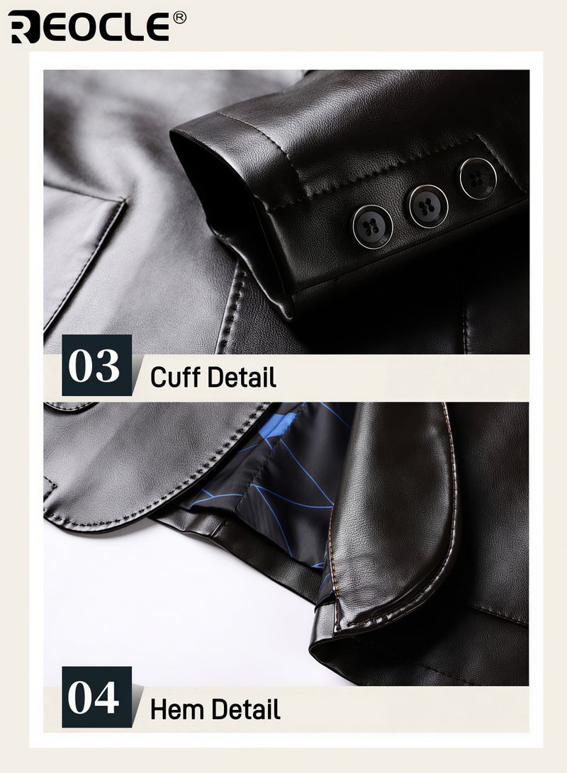 REOCLE Men's Leather Blazer Classic 2-Button Leather Blazer Casual Coat Long Sleeves Suit Style Leather Jacket - Image 5