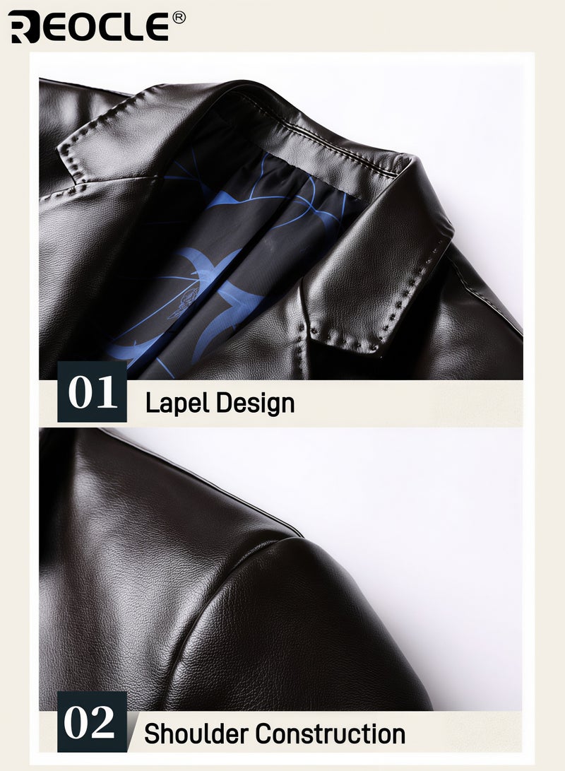 REOCLE Men's Leather Blazer Classic 2-Button Leather Blazer Casual Coat Long Sleeves Suit Style Leather Jacket - Image 4