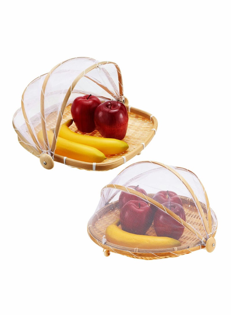 واي آند دي Covered Bamboo Serving Food Tent Basket Outdoor Covers with Gauze Bread Storage Fruit Bowl Cover Round Picnic Mesh Tray (2 Pieces ) - Image 1