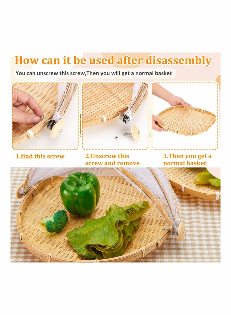 واي آند دي Covered Bamboo Serving Food Tent Basket Outdoor Covers with Gauze Bread Storage Fruit Bowl Cover Round Picnic Mesh Tray (2 Pieces ) - Image 5