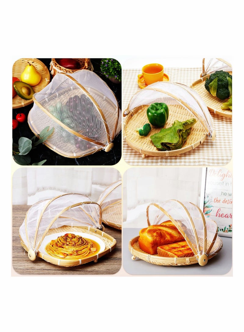 واي آند دي Covered Bamboo Serving Food Tent Basket Outdoor Covers with Gauze Bread Storage Fruit Bowl Cover Round Picnic Mesh Tray (2 Pieces ) - Image 4