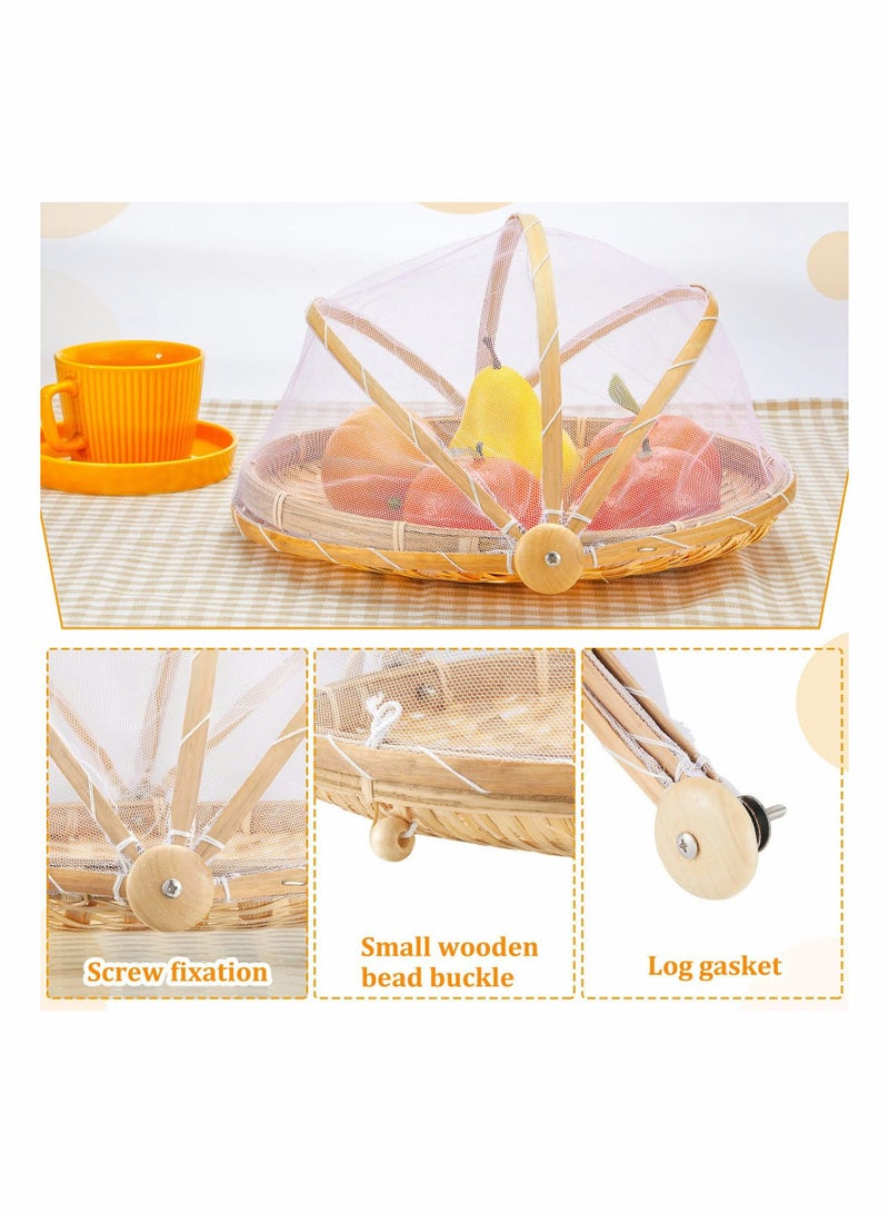 واي آند دي Covered Bamboo Serving Food Tent Basket Outdoor Covers with Gauze Bread Storage Fruit Bowl Cover Round Picnic Mesh Tray (2 Pieces ) - Image 2