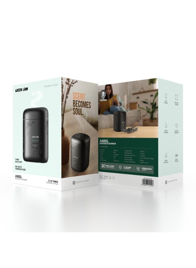 GREEN LION ASEEL Bakhour Incense Burner / Strong Fragrance Bakhoor/ Aesthetic Appearance / Wide Area Coverage / 120 sec Single Burning Time / 2 Min Auto Off / Type-C Charging Port / LED Indicator for Home Office and Car- Black - Image 5