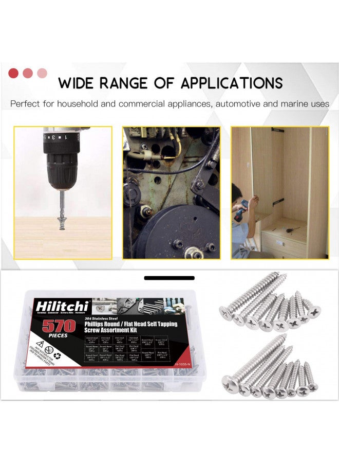 Hilitchi 570 Piece M 3 4 5 6 Stainless Steel Phillips Round Flat Head Self Tapping Screw Assortment Kit - Image 4