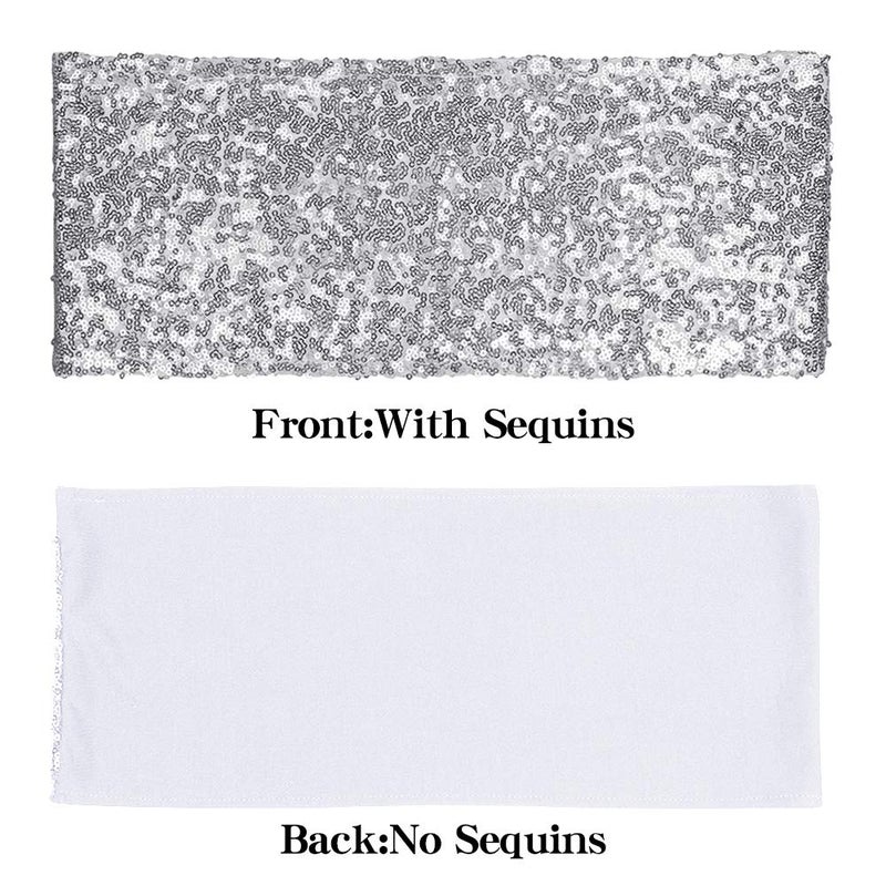 Desirable Life Pack of 50 Stretch Sequin Chair Sashes Chair Bands One-Sided Sequins Decor for Hotel Wedding Reception Party Event Chair Cover Decoration 4"x16" - Silver - Image 2