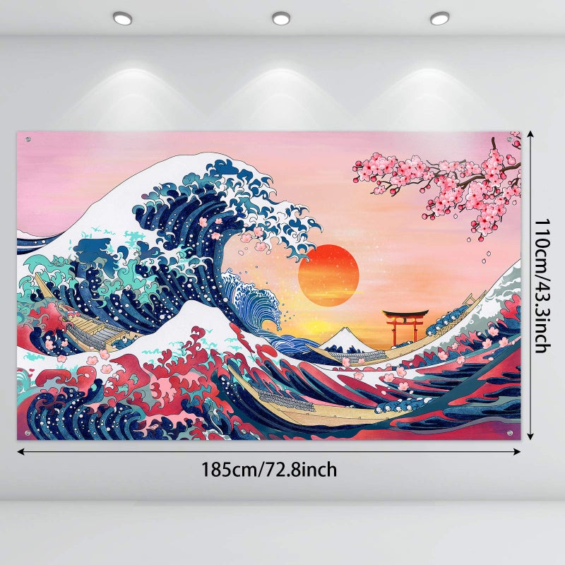 Sumind Ocean Wave Tapestry Japanese Kanagawa Backdrop Great Wave Tapestry Cherry Blossom Nature Sunset Background Wall Hanging Banner for Japanese Party Wall Home Decorations, 72.8 x 43.3 Inch - Image 2