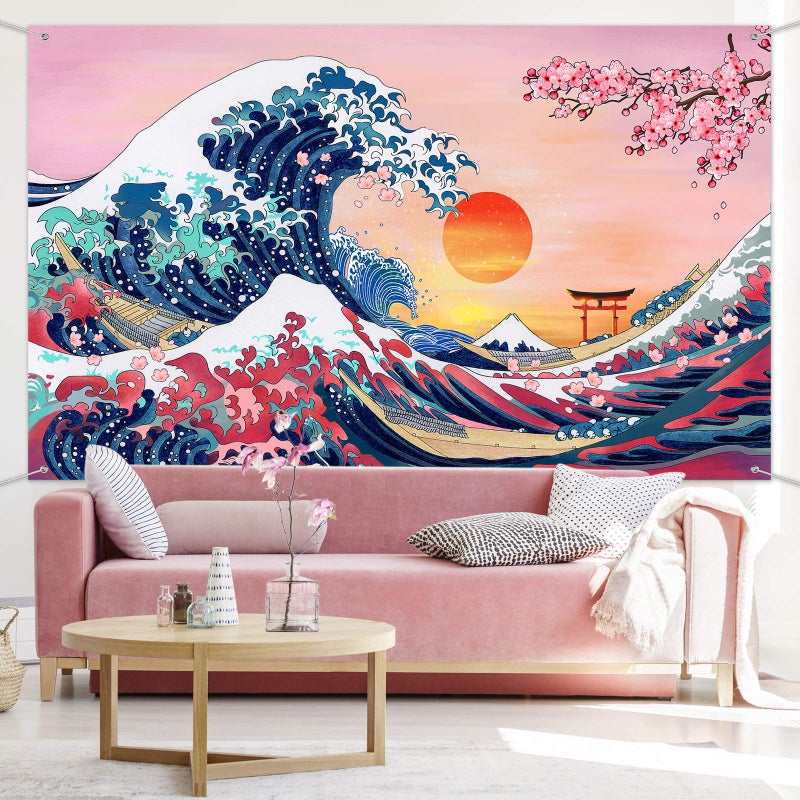 Sumind Ocean Wave Tapestry Japanese Kanagawa Backdrop Great Wave Tapestry Cherry Blossom Nature Sunset Background Wall Hanging Banner for Japanese Party Wall Home Decorations, 72.8 x 43.3 Inch - Image 4