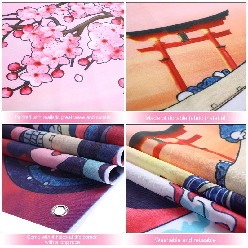 Sumind Ocean Wave Tapestry Japanese Kanagawa Backdrop Great Wave Tapestry Cherry Blossom Nature Sunset Background Wall Hanging Banner for Japanese Party Wall Home Decorations, 72.8 x 43.3 Inch - Image 3