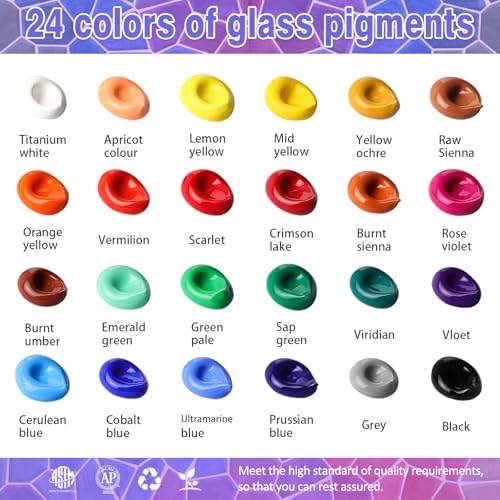 Colorful Stain Glass Paint Set with 6 Brushes, 1 Palette, 24 Color Waterproof Acrylic Enamel Painting Kit for Kids to Arts on Transparent Wine Glasses, Light Bulbs, Windows and Ceramics - Image 2