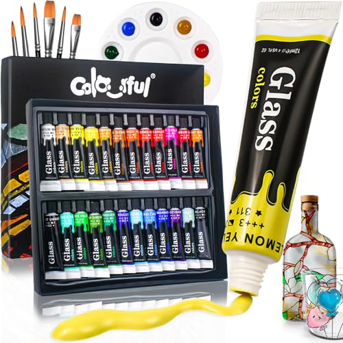 Colorful Stain Glass Paint Set with 6 Brushes, 1 Palette, 24 Color Waterproof Acrylic Enamel Painting Kit for Kids to Arts on Transparent Wine Glasses, Light Bulbs, Windows and Ceramics - Image 1