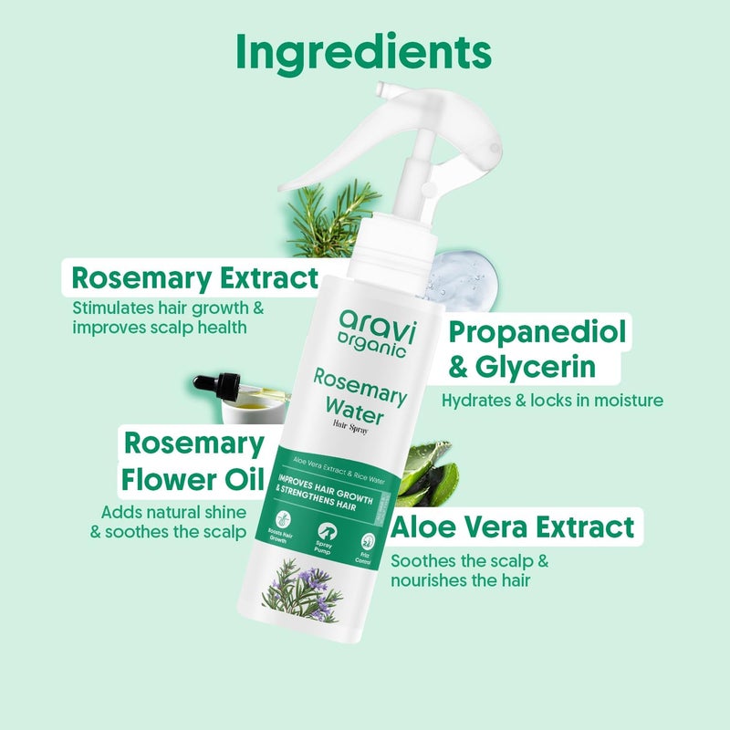 Aravi Organic رذاذ ماء إكليل الجبل العضوي من أرافي لنمو الشعر وتقليل تساقط الشعر وتقوية الشعر ومنع تكسره وتعزيز بصيلات الشعر الصحية والشعر الأكثر كثافة للرجال والنساء خالي من العطور عبوة من 3 - Image 3